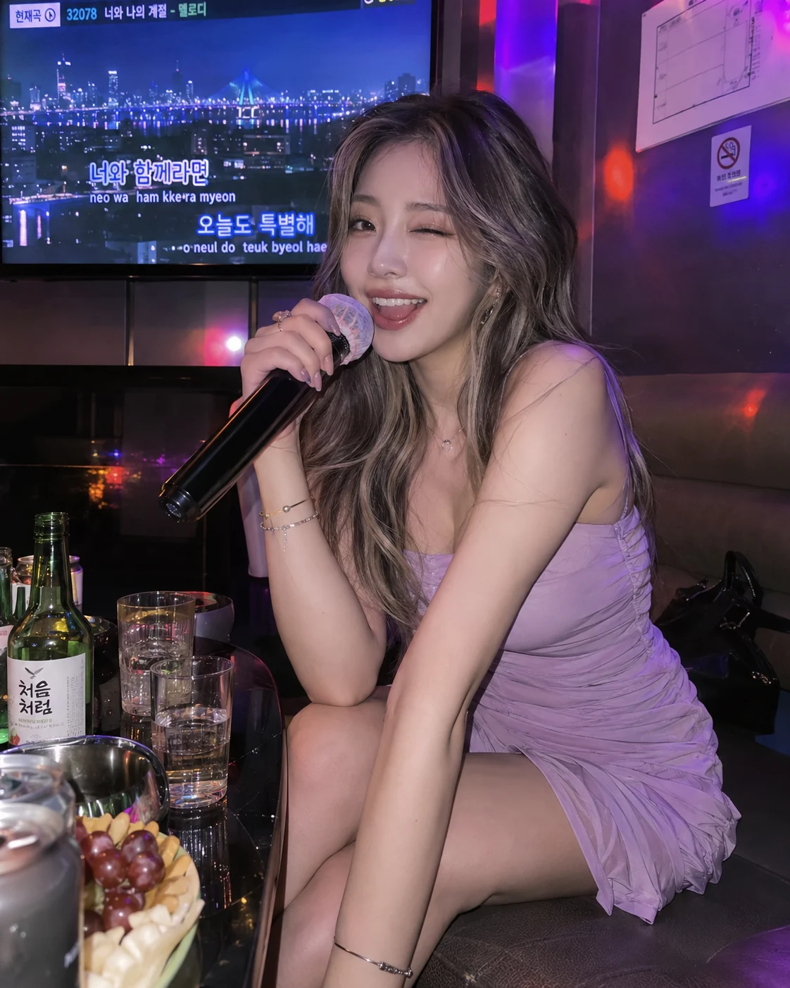 보랏빛 홀복 차림으로 마이크를 들고 노래하는 여성의 가라오케 분위기 이미지