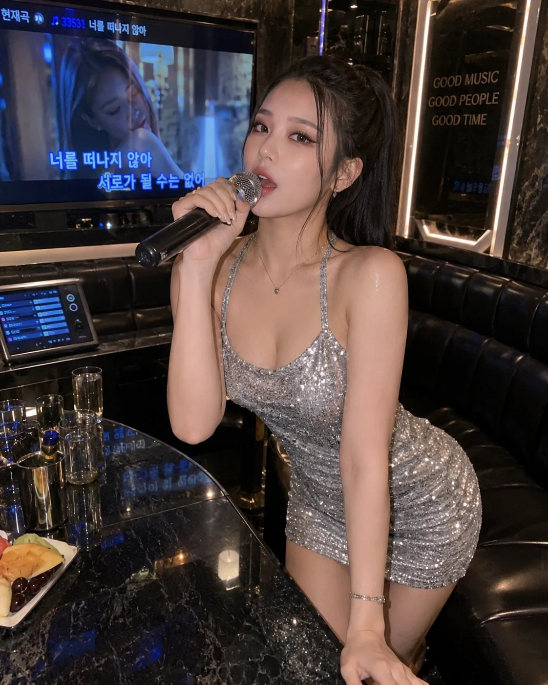 반짝이는 은색 홀복 차림으로 마이크를 든 여성의 라운지 분위기 이미지